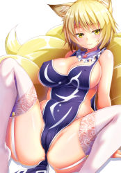 Rule 34 | 1girl, animal ears, arm support, bare shoulders, blonde hair, blush, breasts, cameltoe, cleavage, covered erect nipples, ebi 193, female focus, fox ears, fox tail, garter straps, large breasts, looking at viewer, multiple tails, naked tabard, revision, short hair, sideboob, simple background, sitting, smile, solo, spread legs, tabard, tail, thighhighs, touhou, white background, white thighhighs, yakumo ran, yellow eyes