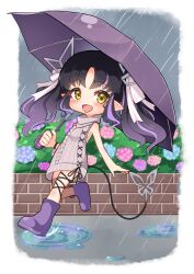 Rule 34 | 1girl, :d, absurdres, aran sweater, black hair, black ribbon, blue flower, blush, boots, bow, breasts, brown thighhighs, cable knit, chibi, commentary request, demon girl, demon horns, demon tail, dress, flower, full body, grey sweater, hair bow, highres, holding, holding umbrella, horns, hydrangea, kojo anna, kojo anna (3rd costume), leg ribbon, long hair, looking at viewer, medium bangs, meme attire, multicolored hair, nanashi inc., official alternate costume, open mouth, parted bangs, pink flower, pointy ears, puddle, purple flower, purple footwear, purple hair, purple umbrella, rain, ribbed sweater, ribbon, robou no stone, rubber boots, sideboob, single thighhigh, sleeveless, sleeveless sweater, small breasts, smile, solo, sweater, sweater dress, tail, thighhighs, turtleneck, turtleneck sweater, twintails, two-tone hair, umbrella, virgin killer sweater, virtual youtuber, walking, water, white bow, yellow eyes