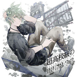 Rule 34 | 1boy, amami rantaro, antenna hair, barbed wire, blue footwear, blue shirt, blue sleeves, brown pants, closed mouth, commentary request, danganronpa (series), danganronpa v3: killing harmony, ear piercing, eyes visible through hair, full body, green eyes, green hair, hair between eyes, hand on own head, jewelry, leaf, light smile, locker, long sleeves, looking at viewer, male focus, multiple rings, pants, pendant, piercing, ring, shirt, shoes, short hair, sitting, sleeves past elbows, solo, speaker, striped clothes, striped shirt, television, u u ki u u, unmoving pattern, vertical-striped sleeves, white background, white bracelet, white undershirt, window