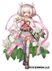 Rule 34 | 1girl, asymmetrical legwear, elbow gloves, flower knight girl, full body, gloves, grey hair, hand on own hip, holding, holding staff, leaning forward, mismatched legwear, nakaishow, navel, open mouth, pleated skirt, red eyes, short hair, short twintails, skirt, solo, staff, striped clothes, striped thighhighs, thighhighs, twintails