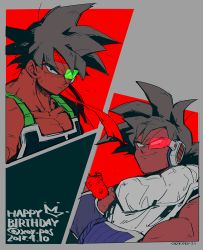 Rule 34 | 2018, 2boys, armor, bandana, bardock, black background, black eyes, black hair, commentary request, dated, dragon ball, dragonball z, evil smile, fingernails, floating, food, frown, fruit, grey background, happy birthday, holding, kokusoji, looking at viewer, looking away, male focus, multiple boys, panels, red background, red bandana, scouter, serious, short hair, simple background, smile, spiked hair, tullece, twitter username, upper body