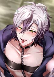 Rule 34 | 1boy, black hair, breasts, chest strap, choker, collar, cum, cum in mouth, cum on tongue, earrings, facial, green eyes, grey hair, hair between eyes, highres, jacket, jewelry, male focus, mole, mole on breast, mole under mouth, multicolored hair, nu carnival, off screen, off screen male character, open mouth, rei (nu carnival), short hair, smile, smug, strap, teeth, tongue, tongue out, upper teeth only, yadome810, yaoi