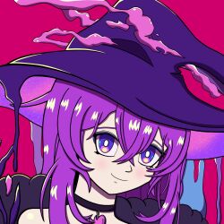 1girl alchemilla_menace bare_shoulders choker coat doriga_el hair_between_eyes hat highres indie_virtual_youtuber jewelry large_hat long_hair messy_hair necklace pink_background purple_eyes purple_hair purple_hat simple_background slime_(substance) smile smoke upper_body virtual_youtuber witch_hat