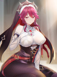 Rule 34 | 1girl, bare shoulders, breasts, fishnet legwear, fishnets, genshin impact, gloves, hand on own chest, highres, large breasts, light rays, lingshalan, looking at viewer, nun, purple eyes, purple hair, rosaria (genshin impact), smile, solo, veil, white gloves