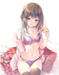 Rule 34 | 1girl, :q, aqua eyes, bare arms, bare shoulders, black thighhighs, bra, breasts, brown hair, cleavage, closed mouth, collarbone, cookie, food, hair ornament, hand up, heart, holding, holding food, jacket, lingerie, long hair, long sleeves, looking at viewer, medium breasts, miwabe sakura, navel, original, panties, pink jacket, plaid, purple bra, purple panties, sidelocks, simple background, sitting, smile, solo, stomach, thighhighs, thighs, tongue, tongue out, twitter username, underwear, very long hair, white background