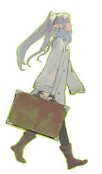 Rule 34 | 1girl, absurdres, bag, black pantyhose, blue jacket, boots, briefcase, brown footwear, closed mouth, coat, commentary request, earrings, elf, floating hair, frieren, from side, full body, green outline, grey hair, hair over shoulder, happy, highres, holding, holding bag, jacket, jewelry, long hair, long sleeves, looking ahead, outline, pantyhose, pointy ears, profile, qianyu rainz, simple background, sleeves past wrists, smile, solo, sousou no frieren, twintails, white background, white coat, winter clothes
