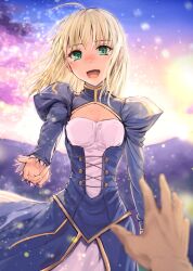 Rule 34 | 1boy, 1girl, ahoge, artoria pendragon (all), artoria pendragon (fate), avalon (fate/stay night), blonde hair, blue dress, blush, breasts, clothing cutout, dappled sunlight, dress, emiya shirou, fate/stay night, fate (series), green eyes, hair down, highres, juliet sleeves, k3rd, long sleeves, looking at another, looking at viewer, medium hair, mountainous horizon, nose blush, open mouth, outstretched arm, pov, puffy sleeves, saber (fate), small breasts, smile, sunlight, sunrise