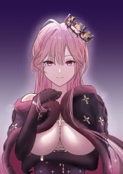 Rule 34 | 1girl, absurdres, ahoge, arm under breasts, asayoru, azur lane, black cape, black dress, black gloves, breasts, brown hair, cape, clemenceau (azur lane), closed mouth, commentary, cross, crown, dress, elbow gloves, fur trim, gloves, grey background, hair between eyes, hand up, highres, large breasts, long hair, looking at viewer, off shoulder, red eyes, sidelocks, simple background, smile, solo, tight clothes, tight dress, tilted headwear, two-sided cape, two-sided fabric, two-tone cape, underboob, upper body, wristlet