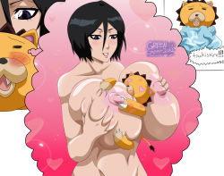 Rule 34 | 1girl, alternate breast size, between breasts, black hair, bleach, breasts, covered erect nipples, gigantic breasts, groping, heart, heart-shaped pupils, kuchiki rukia, lion, medium hair, nipples, rtenzo, size difference, symbol-shaped pupils, text focus
