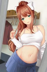 Rule 34 | 1girl, :d, blue skirt, blush, bow, breasts, brown hair, closet, clothes hanger, collarbone, commentary, doki doki literature club, green eyes, hair bow, head tilt, highres, large breasts, long hair, looking at viewer, midriff, monika (doki doki literature club), musical note necklace, navel, nurumaru yu, open mouth, pleated skirt, shirt, skirt, smile, solo, stomach, undershirt, undressing, white bow, white shirt