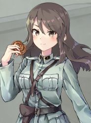 Rule 34 | 1girl, alternate costume, belt, black belt, blue jacket, brown eyes, brown hair, cinnamon roll, closed mouth, commentary, finnish army, food, girls und panzer, highres, himeyamato, holding, holding food, holster, jacket, long hair, long sleeves, looking at viewer, mika (girls und panzer), military, military uniform, no headwear, sam browne belt, smile, solo, uniform, upper body, wind, world war ii