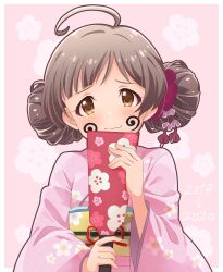 Rule 34 | 1girl, ahoge, blush, border, brown eyes, brown hair, closed mouth, commentary request, dated, double bun, facial mark, floral background, floral print, floral print kimono, furrowed brow, goma konbu, hagoita, hair bun, hair ornament, hair ornament request, hakozaki serika, head tilt, highres, holding, idolmaster, idolmaster million live!, japanese clothes, kimono, long sleeves, looking at viewer, new year, obi, outside border, paddle, pink background, pink kimono, sash, short hair, simple background, smile, solo, split mouth, swirl, tareme, thick eyelashes, upper body, wavy mouth, white border, wide sleeves