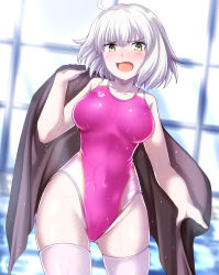 Rule 34 | 1girl, arena (company), breasts, brown towel, collarbone, competition swimsuit, cowboy shot, embarrassed, fate/grand order, fate (series), hair between eyes, highres, indoors, jeanne d&#039;arc (fate), jeanne d&#039;arc alter (avenger) (fate), jeanne d&#039;arc alter (fate), looking at viewer, medium breasts, one-piece swimsuit, open mouth, pink one-piece swimsuit, pool, rei no pool, short hair, silver hair, solo, standing, sunlight, swimsuit, thighhighs, towel, water, wet, wet clothes, wet swimsuit, white thighhighs, wide hips, window, yellow eyes, zanntetu