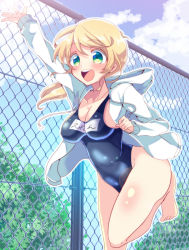Rule 34 | 1girl, aizawa chihiro, alternate costume, arm up, barefoot, blonde hair, breasts, chain-link fence, cleavage, clenched hands, cloud, collarbone, day, drawstring, ellen baker, eyebrows, fence, green eyes, hair between eyes, highres, hood, hood down, hooded jacket, jacket, lens flare, long hair, long sleeves, medium breasts, name tag, new horizon, one-piece swimsuit, ponytail, school swimsuit, sky, smile, solo, standing, standing on one leg, swimsuit, swimsuit under clothes, tree, waving arm, white jacket