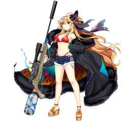 Rule 34 | 1girl, ahoge, alternate costume, bikini, black bow, black coat, blonde hair, bow, breasts, cleavage, closed mouth, coat, flame print, full body, gun, hair bow, highres, kirisame marisa, kirisame marisa (witch of scarlet dreams), kirisame marisa (witch of scarlet dreams on vacation), large breasts, long hair, looking at viewer, red bikini, red nails, rotte (1109), simple background, solo, standing, star (symbol), swimsuit, third-party source, touhou, touhou lostword, weapon, white background