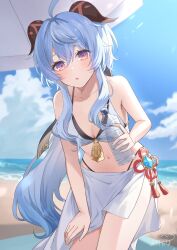 Rule 34 | 1girl, absurdres, ahoge, alternate costume, ayatsuki hina, beach, beach umbrella, bikini, blue hair, blue sky, blurry, blurry background, bottle, commentary request, ganyu (genshin impact), genshin impact, giving, goat horns, hair between eyes, hand on own thigh, highres, holding, holding bottle, horns, leaning forward, long hair, looking at viewer, navel, ocean, open mouth, outdoors, purple eyes, sarong, signature, sky, solo, swimsuit, umbrella, vision (genshin impact), water bottle, white bikini, white sarong