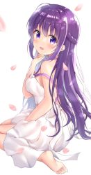 Rule 34 | 1girl, :d, amedamacon, bare arms, bare shoulders, barefoot, blush, braid, breasts, commentary request, dress, gochuumon wa usagi desu ka?, hair between eyes, hand up, highres, looking at viewer, looking back, medium breasts, open mouth, petals, purple eyes, purple hair, simple background, sitting, smile, soles, solo, tedeza rize, wariza, white background, white dress