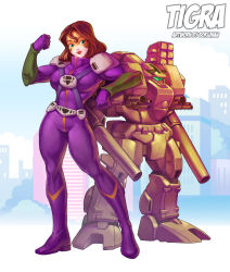 Rule 34 | 1girl, alien, aqua eyes, arm cannon, armor, bodysuit, bokuman, boots, brown hair, building, character name, chest cannon, choujikuu yousai macross, cityscape, cloud, colored skin, destroid, energy cannon, energy gun, giant, giantess, gloves, insignia, leaning back, leaning on object, lips, looking at viewer, macross, mecha, meltrandi, missile pod, multicolored skin, muscular, muscular female, pilot suit, raised fist, robot, size difference, solo, standing, tomahawk (destroid), two-tone skin, weapon, zentradi