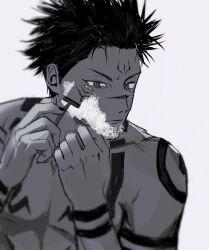 Rule 34 | 1boy, 7888 0, arm tattoo, chest tattoo, closed mouth, extra eyes, facial tattoo, fushiguro megumi, greyscale, hands up, highres, holding, holding razor, jujutsu kaisen, looking at viewer, male focus, monochrome, razor, ryoumen sukuna (jujutsu kaisen), shaving, shaving cream, short hair, simple background, solo, spoilers, tattoo, topless male, v-shaped eyebrows