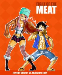 Rule 34 | 1boy, 1girl, abs, black hair, blue vest, boots, character name, eating, food, full body, hat, jewelry bonney, lipstick, makeup, meat, midriff, monkey d. luffy, muscular, one piece, open clothes, open vest, orange background, patterned legwear, pink hair, sabaody archipelago, sandals, scar, shorts, simple background, standing, straw hat, striped clothes, striped shorts, supernova, suspenders, text focus, thighhighs, vest