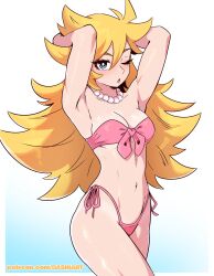 Rule 34 | 1girl, absurdres, armpits, arms behind head, arms up, bikini, blonde hair, blue eyes, blush, breasts, bright pupils, chestnut mouth, cowboy shot, dashi (dashiart), eyelashes, front-tie bikini top, front-tie top, hair between eyes, highleg, highleg bikini, highres, jewelry, long hair, medium breasts, navel, navel piercing, necklace, one eye closed, panty &amp; stocking with garterbelt, panty (psg), parted lips, patreon username, pearl necklace, piercing, pink bikini, side-tie bikini bottom, solo, stomach, strapless, strapless bikini, swimsuit, thong bikini, very long hair, watermark, web address, white pupils