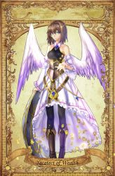 Rule 34 | bare shoulders, blue eyes, boots, coin, dress, elona, short hair, solo, wings, yacatect of wealth