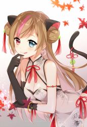 Rule 34 | 1girl, animal ears, asymmetrical gloves, autumn leaves, bare shoulders, black gloves, blue eyes, blush, breasts, cat ears, cat girl, cat tail, china dress, chinese clothes, cleavage, closed mouth, commentary request, double bun, dress, earrings, elbow gloves, girls&#039; frontline, gloves, gradient background, grey background, grey dress, hair bun, hair ornament, heart, heart earrings, heterochromia, jewelry, leaf, leafwow, licking lips, light brown hair, long hair, maple leaf, medium breasts, mk23 (girls&#039; frontline), multicolored hair, pelvic curtain, pink hair, red eyes, side bun, single elbow glove, sleeveless, sleeveless dress, solo, streaked hair, tail, tail raised, tongue, tongue out, uneven gloves, very long hair, white background
