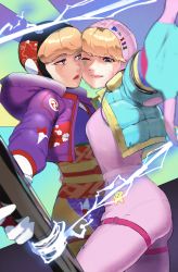 Rule 34 | 2girls, absurdres, animification, annoyed, apex legends, blonde hair, blue eyes, blue gloves, blue jacket, bodysuit, bow, breasts, dual persona, electricity, facial scar, gloves, green bow, highres, holding, hood, hooded jacket, jacket, japanese clothes, kawaii voltage wattson, kimono, medium breasts, multiple girls, obi, official alternate costume, open hand, pink bodysuit, pink headwear, purple bow, purple crane wattson, purple jacket, purple kimono, purple scarf, red bow, sash, scar, scar on cheek, scar on face, scarf, smile, star (symbol), tora-chan (taaiger3), wattson (apex legends)