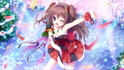 Rule 34 | 1girl, ahoge, back bow, bare shoulders, bell, black dress, blue eyes, bow, breasts, brown hair, christmas, christmas ornaments, christmas tree, cleavage, collarbone, concert, diamond (shape), dot nose, dress, film grain, from above, game cg, holding, holding microphone stand, idol, izumi tsubasu, jewelry, large bow, leaning forward, long hair, medium breasts, microphone stand, necklace, non-web source, official art, one eye closed, open mouth, outstretched arm, pearl necklace, plaid, plaid dress, plaid skirt, purple ribbon, re:stage!, red bow, red dress, red wrist cuffs, ribbon, screen, shikimiya aone, single wrist cuff, skirt, smile, snowflakes, solo, sparkle, stage, stage lights, star (symbol), strapless, strapless dress, two-tone dress, two-tone skirt, two side up, wrist cuffs