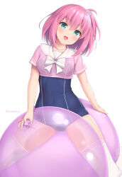 Rule 34 | 1girl, :d, aqua eyes, arm support, balloon, blue one-piece swimsuit, bow, bowtie, collarbone, commentary, cropped shirt, double horizontal stripe, hair ornament, highres, looking at viewer, old school swimsuit, one-piece swimsuit, one side up, open mouth, original, pink hair, pink shirt, sailor collar, sasaame, school swimsuit, shirt, short sleeves, signature, single horizontal stripe, sitting, smile, solo, star (symbol), star hair ornament, swimsuit, swimsuit under clothes, symbol-only commentary, thighhighs, twitter username, white bow, white bowtie, white sailor collar, white thighhighs