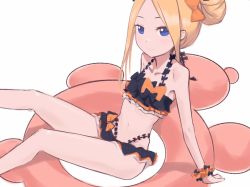 Rule 34 | 1girl, abigail williams (emerald float) (fate), abigail williams (fate), black bow, blonde hair, blue eyes, bow, breasts, closed mouth, daisi gi, fate/grand order, fate (series), forehead, hair bow, highres, innertube, innertube with ears, long hair, looking at viewer, multiple hair bows, official alternate costume, orange bow, parted bangs, polka dot, polka dot bow, simple background, small breasts, swim ring, swimsuit