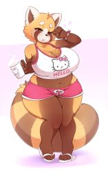 Rule 34 | 1girl, aggressive retsuko, breasts, cleavage, cup, flip-flops, furry, hello kitty, highres, large breasts, looking at viewer, mug, one eye closed, open mouth, pajamas, red panda, retsuko, sandals, sanrio, secretly saucy, thick thighs, thighs, wide hips