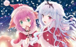 Rule 34 | 2girls, :d, :o, animal ears, candy, candy cane, christmas, cuteg, dog ears, dog tail, fang, food, hair ribbon, hat, highres, holding, holding candy, holding candy cane, lily (wanko to lily), multiple girls, open mouth, ribbon, santa costume, santa hat, smile, tail, wallpaper, wanko, wanko (wanko to lily), wanko to lily