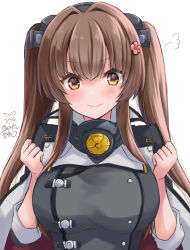 Rule 34 | 1girl, absurdres, alternate hairstyle, breasts, brown eyes, brown hair, cherry blossoms, coat, cosplay, flower, hair flower, hair intakes, hair ornament, headgear, highres, kantai collection, kikumon, large breasts, long hair, mashiro yukiya, musashi (kancolle), musashi kai ni (kancolle), musashi kai ni (kancolle) (cosplay), overcoat, sidelocks, smile, solo, twintails, upper body, very long hair, yamato (kancolle)