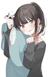 Rule 34 | 1girl, arm up, black jacket, blush, brown eyes, brown hair, commentary request, hugging doll, hand up, highres, jacket, long sleeves, looking at viewer, hugging object, original, parted lips, ponytail, shin no tenpii, shirt, short hair, simple background, sleeves past wrists, smile, solo, sparkle, stuffed animal, stuffed shark, stuffed toy, translated, v-shaped eyebrows, white background, white shirt