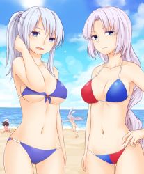 Rule 34 | 4girls, animal ears, ass, beach, bikini, blue sky, breasts, brown hair, rabbit ears, cleavage, commentary request, day, front-tie top, gluteal fold, inaba tewi, light purple hair, long hair, looking at viewer, miyo (ranthath), multiple girls, navel, nude, ocean, outdoors, reisen udongein inaba, sand, shinki (touhou), silver hair, sky, smile, swimsuit, touhou, touhou (pc-98), water, yagokoro eirin