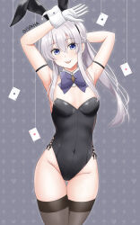 Rule 34 | 1girl, ace (playing card), ace of clubs, ace of diamonds, ace of hearts, ace of spades, animal ears, arms up, black leotard, black thighhighs, bow, bowtie, breasts, card, club (shape), covered navel, detached collar, diamond (shape), elaina (majo no tabitabi), grey background, grey eyes, heart, highres, leotard, long hair, majo no tabitabi, playboy bunny, playing card, playing card theme, ponytail, purple bow, purple bowtie, rabbit ears, small breasts, solo, spade (shape), standing, thigh gap, thighhighs, tongue, tongue out, warachia, white hair