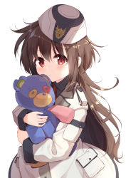 Rule 34 | 1girl, 86 -eightysix-, black shirt, brown hair, closed mouth, coat, collared shirt, commentary request, frederica rosenfort, hair between eyes, hat, highres, hugging object, long hair, long sleeves, looking at viewer, necktie, red eyes, red necktie, shirt, simple background, solo, stuffed animal, stuffed toy, teddy bear, tilted headwear, very long hair, wari (nirodo26), white background, white coat, white hat