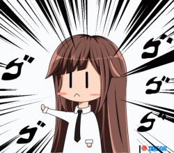 Rule 34 | 1girl, animated, animated gif, arms up, black necktie, brown hair, bush, diagonal bangs, emphasis lines, long hair, necktie, original, self-upload, shirt, short sleeves, solo, sound effects, standing, takeshi~, white shirt, | |