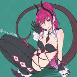 Rule 34 | 10s, 1girl, adapted costume, blue eyes, breasts, cleavage, earrings, elizabeth bathory (fate), elizabeth bathory (fate/extra ccc), fate/extra, fate/extra ccc, fate/grand order, fate (series), gloves, horns, jewelry, long hair, aged up, pants, pink hair, pointy ears, sitting, smile, solo, tail, utu (ldnsft)