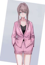 Rule 34 | 1girl, absurdres, alternate costume, aqua eyes, ar-57 (girls&#039; frontline), black shirt, breasts, closed mouth, collarbone, commentary, earrings, feet out of frame, girls&#039; frontline, hands in pockets, highres, jacket, jewelry, lithographica, long hair, long sleeves, looking at viewer, medium breasts, pink hair, pink jacket, pink shorts, shirt, shorts, sidelocks, simple background, solo, standing