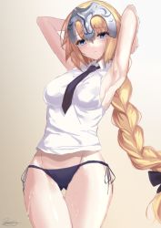 Rule 34 | 1girl, armpits, arms behind head, arms up, blonde hair, blue eyes, blue neckwear, blue panties, blush, braid, breasts, casual, collared shirt, contemporary, cowboy shot, fate/apocrypha, fate/grand order, fate (series), headpiece, jeanne d&#039;arc (fate), jeanne d&#039;arc (girl from orleans) (fate), jeanne d&#039;arc (ruler) (fate), kesoshirou, long braid, long hair, looking at viewer, medium breasts, no bra, panties, shirt, side-tie panties, single braid, sleeveless, sleeveless shirt, solo, thighs, underwear, very long hair, white shirt