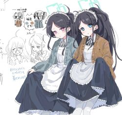 Rule 34 | &lt;key&gt; (blue archive), 2girls, apron, aris (blue archive), aris (maid) (blue archive), black dress, black hair, blue archive, blue eyes, blush, dress, dual persona, feet out of frame, haruharu sensei, looking at viewer, maid apron, maid headdress, multiple girls, neck ribbon, pantyhose, parted bangs, ponytail, red eyes, ribbon, simple background, skirt hold, swept bangs, translation request, white apron, white background, white pantyhose, white ribbon