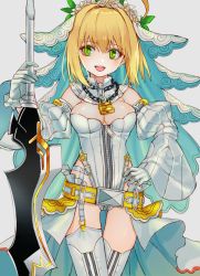 Rule 34 | 1girl, :d, ahoge, blonde hair, breasts, chain necklace, cowboy shot, crossed legs, detached collar, detached sleeves, fate/grand order, fate (series), garter straps, gloves, green eyes, hair intakes, hand on hilt, hand on own hip, hand up, highres, holding, holding sword, holding weapon, jewelry, juliet sleeves, leotard, lock, long sleeves, looking to the side, luicent, medium breasts, medium hair, necklace, nero claudius (bride) (fate), nero claudius (bride) (second ascension) (fate), nero claudius (fate), nero claudius (fate) (all), open mouth, padlock, padlocked collar, puffy sleeves, simple background, smile, solo, standing, strapless, strapless leotard, sword, thigh gap, thighhighs, veil, watson cross, weapon, white background, white gloves, white leotard, white thighhighs