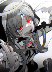 Rule 34 | 1girl, aimaina, bandaid, bandaid on face, cigarette, commentary, dress, facial mark, finger gun, finger gun to head, forehead mark, greyscale, habit, halo, hatsune miku, highres, holding, holding cigarette, kamippoina (vocaloid), monochrome, nail polish, nibxxx, piercing, red eyes, salute, sleeveless, sleeveless dress, smoke, solo, spot color, tongue piercing, two-finger salute, vocaloid, wrist cuffs