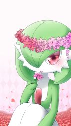 Rule 34 | 1girl, argyle, argyle background, argyle clothes, blush, colored skin, creatures (company), female focus, flower, flower wreath, game freak, gardevoir, gen 3 pokemon, green hair, green skin, hair over one eye, hand up, happy, head wreath, heart, heart in eye, highres, holding, knees up, light blush, looking at viewer, muguet, multicolored skin, nintendo, open mouth, petals, pink background, pink flower, pokemon, pokemon (creature), red eyes, red flower, simple background, sitting, smile, solo, symbol in eye, two-tone skin, white skin