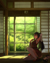 Rule 34 | 1girl, architecture, arm up, armpits, black hair, bra, detached sleeves, east asian architecture, female focus, hakurei reimu, high heels, japanese clothes, lingerie, long hair, mary janes, miko, on one knee, ponytail, red eyes, shade, shoes, sliding doors, smile, solo, sunlight, thighhighs, touhou, underwear, white thighhighs, yasumo (kuusouorbital), yin yang