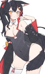 Rule 34 | 1girl, adapted costume, alternate costume, animal ear fluff, animal ears, black sleeves, blush, breasts, cleavage, contrapposto, covered navel, cowboy shot, cutout above navel, detached collar, detached sleeves, embarrassed, flipped hair, groin, hair ornament, hairclip, highleg, highleg leotard, highres, hololive, kuma no bansoukou, leotard, long hair, looking at viewer, medium breasts, multicolored hair, nontraditional playboy bunny, ookami mio, ponytail, red hair, simple background, single thighhigh, skin tight, solo, strapless, strapless leotard, streaked hair, tail, tail around own leg, tail wrap, thighhighs, thighs, very long hair, virtual youtuber, white background, white thighhighs, wolf ears, wolf girl, wolf tail, yellow eyes