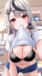 Rule 34 | 1girl, absurdres, black bikini bottom, black hair, blush, braid, breasts, cleavage, clothes in mouth, clothes lift, denim, denim shorts, grey hair, hair ornament, highres, hololive, kudoukudokudo, large breasts, lifted by self, long hair, looking at viewer, mouth hold, multicolored hair, navel, open fly, plaid, red eyes, sakamata chloe, shirt, shirt in mouth, shirt lift, short shorts, shorts, solo, streaked hair, virtual youtuber, white shirt, x hair ornament