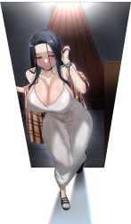 Rule 34 | 1girl, absurdres, bare shoulders, black choker, black hair, blue eyes, blush, bracelet, breasts, choker, cleavage, doorway, dress, forehead, full-face blush, tucking hair, highres, huge breasts, invincible dragon (last origin), jewelry, large breasts, last origin, long hair, looking down, official alternate costume, plaid shawl, rhlatm, shawl, sleeveless, sleeveless dress, slippers, solo, standing, straight hair, sundress, sweatdrop, taut clothes, taut dress, thighs, tile floor, tiles, white dress, wooden floor
